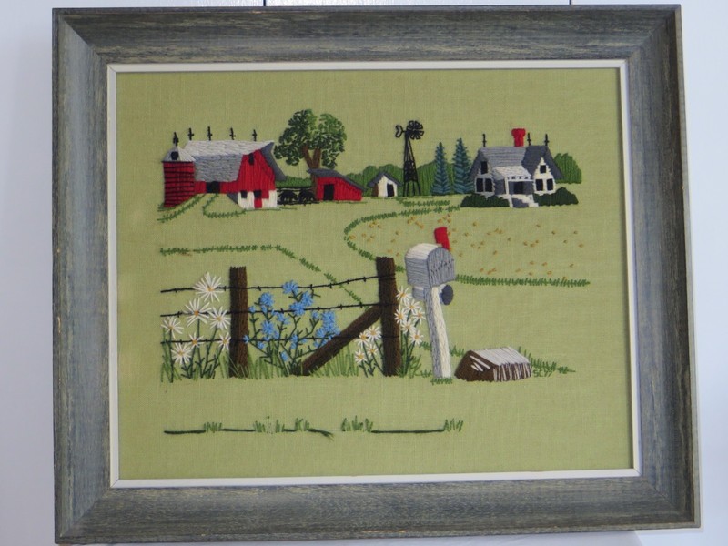 Vintage 1977 Large Custom Framed Handmade Crewel Embroidery Country Farm