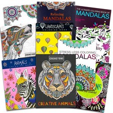Crenstone Adult Coloring Books Super Set -- 10 Deluxe Medium, Assorted