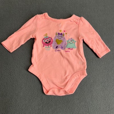 Garanimals Bodysuit Baby Girls 0-3M Pink Monster Graphic Long Sleeve Snap Bottom