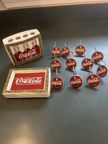 Reduced -VTG Set -Coca-Cola Soap Dish Toothbrush Holder & 11 Shower Curtain Hgrs