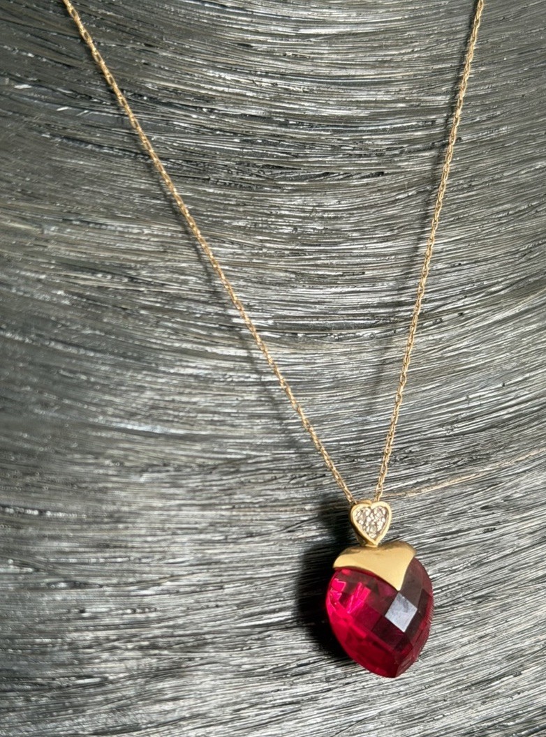 10K Solid Yellow Gold Diamond Ruby Heart Pendant … - image 3