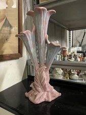Royal Haeger R452 Triple Trumpet Lily Vase – Pink & Aqua Drip Glaze – MCM