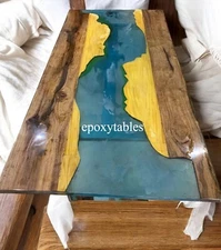 Modern Blue Resin Dining Table with Live Edge Wooden for Unique Home Decors