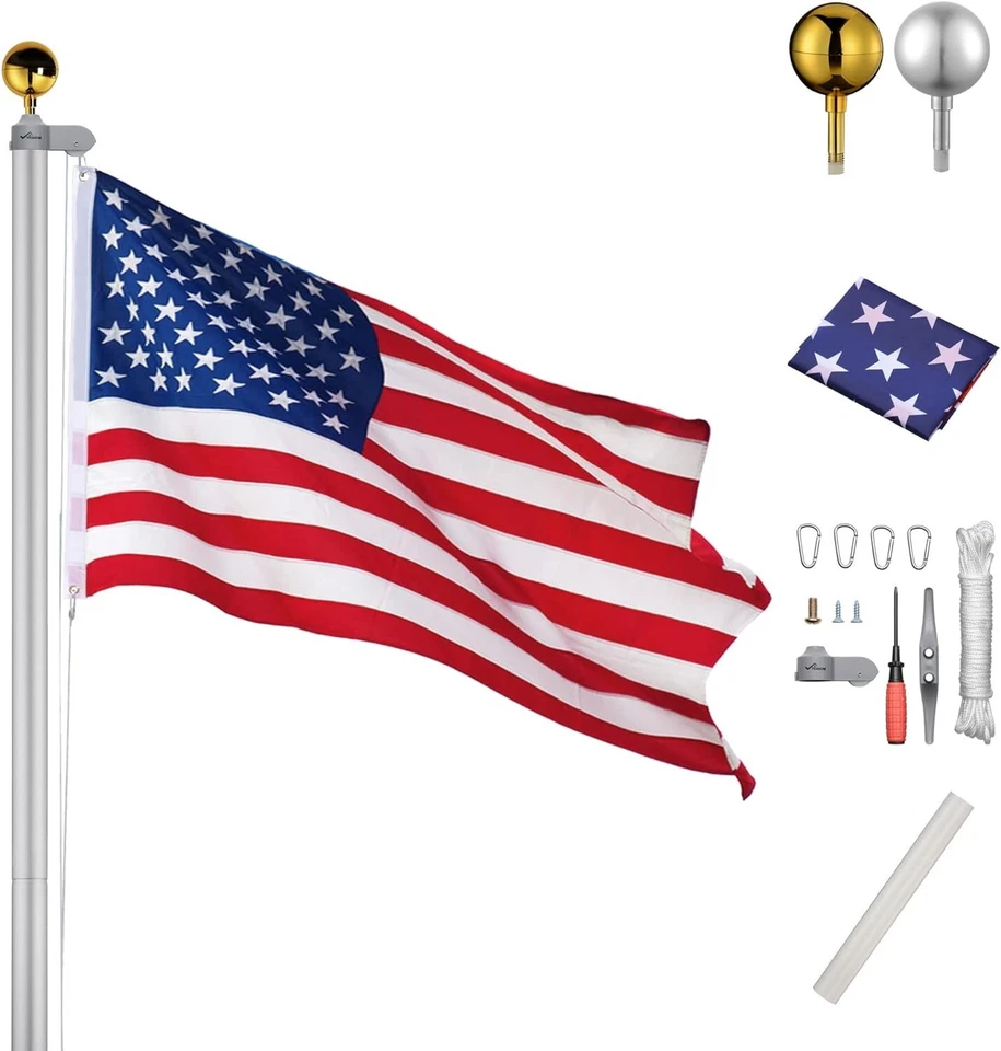 Asta de bandera patriótica de aluminio de 20 pies con bandera de 3'x5' y tapa de bola dorada - a prueba de óxido Foto 3 de 4