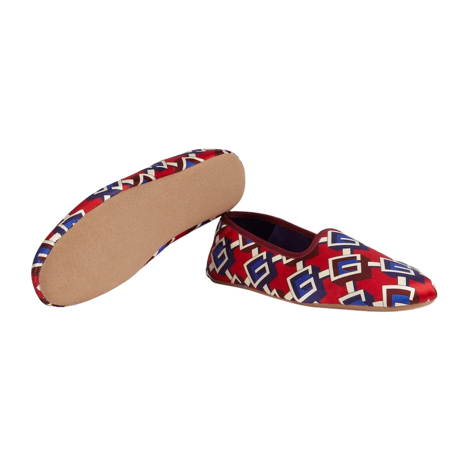 Authentic Men's Gucci Red Satin Voyage Geometric G Print Slipper Shoes New $570 - Image 2 of 4