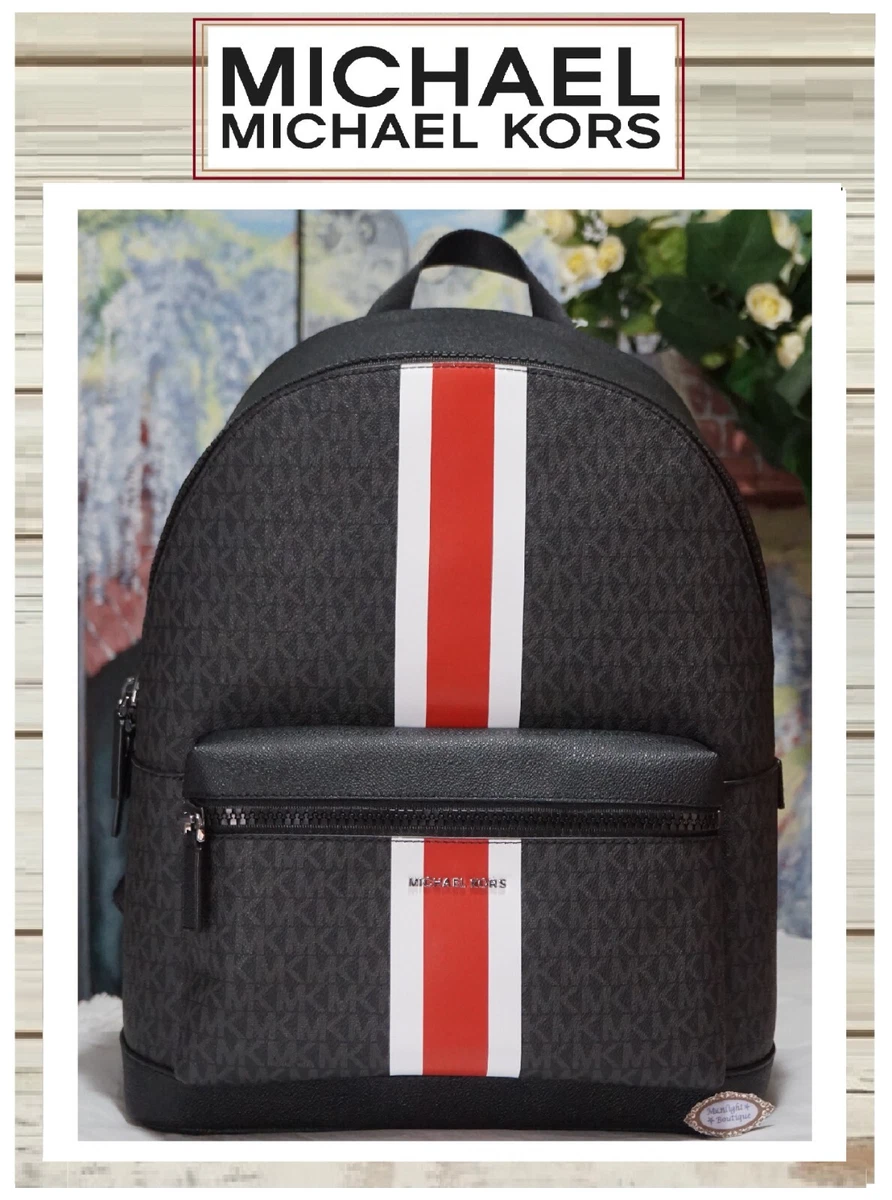 NWT Michael Kors Mens Cooper Logo Backpack Large (Black Signature / Red  Stripe)