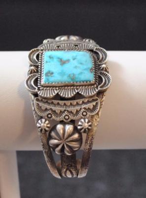 Navajo Native American Sand Cast Turquoise With Matrix SS 925 Cuff