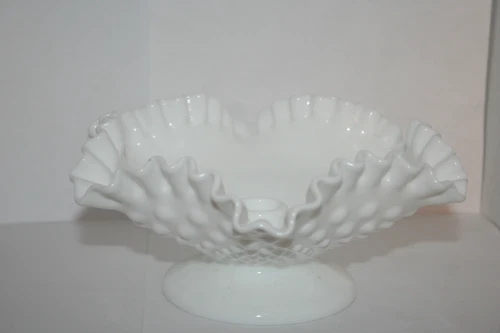 Fenton White Milk Glass Hobnail Ruffled Double Crimped Rim Candle Holder Bowl
