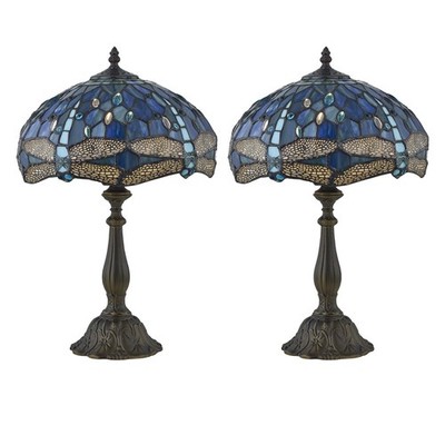 2er Set Tiffany farbige Glas Libelle 47 cm Tischlampe Nachttischlampen