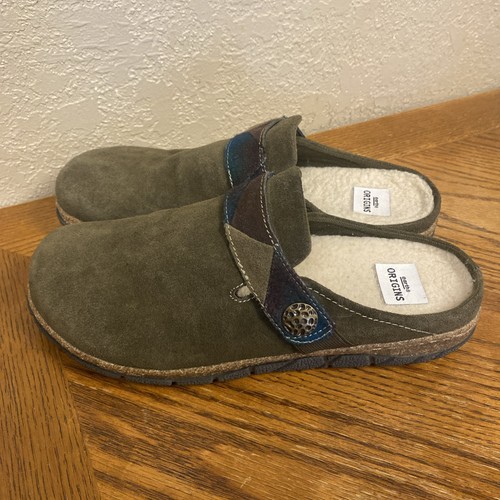 Earth Origins Damen Slipper Slide Clog Kunstfell gefüttert braun walnuss Wildleder Gr. 10