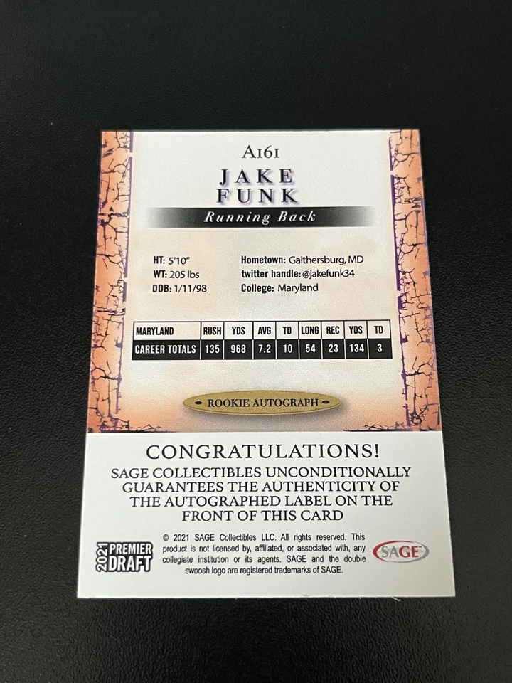 2021 Sage Premier Draft - Autographs Jake Funk #A161 (AU, RC) - Image 2 of 2