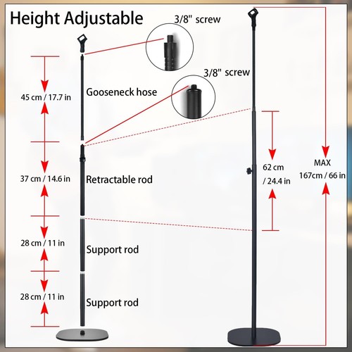 Microphone Stand, Gooseneck Mic Stand Floor for Singing Height Adjustable from 3 - Picture 4 of 7