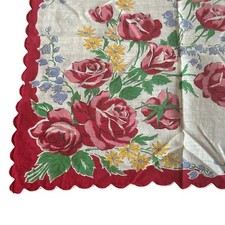 Vtg Scalloped Edged Floral Handkerchief Pink Red Roses Wild Flowers Hankie 11"