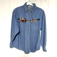 Vintage Denim Shirt Embroidered Christmas Teddy Bears Bobbie Brooks Size Large