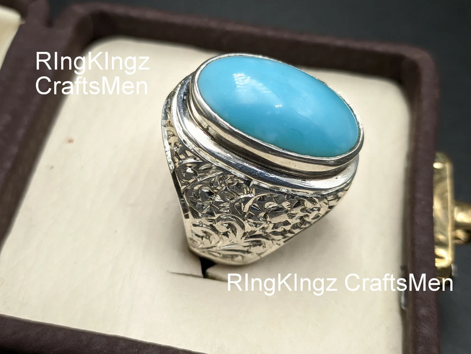 Anillo Turquesa Para Hombre Plata de Ley 925 Hecho a Mano Anillo Hombre Talla 9 Piedra Feroza Foto 2 de 4