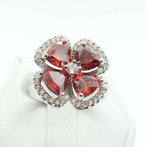 R7170 Anello Donna Gioielli Moda Placcato Oro Granato Cristallo Cocktail Floreale - Foto 8 di 8
