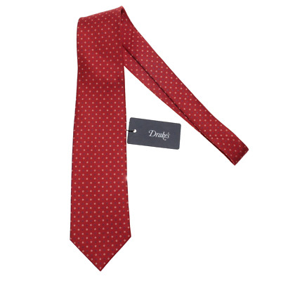 Drake's NWT Neck Tie in Orangey Red with Blue & White Mini Circles 100% Silk