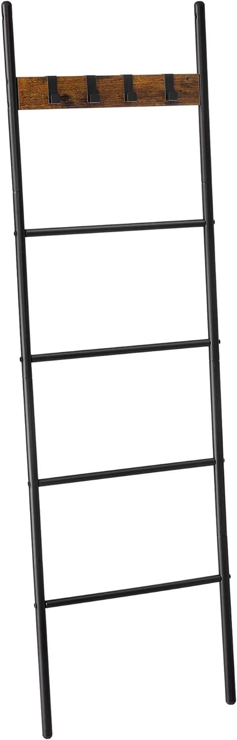 VASAGLE Blanket Ladder, 5-Tier Ladder Shelf, Decorative Rustic Brown + Black