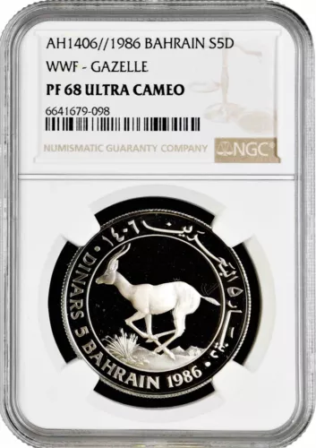 Bahrain 5 Dinar 1986, NGC PF68 UC, "World Wildlife Fund - Gazelle" Silver Coin