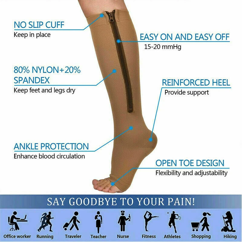 Knee High Medical Compression Stockings Men Women Varicose Veins Socks Open Toe - Image 3 of 4