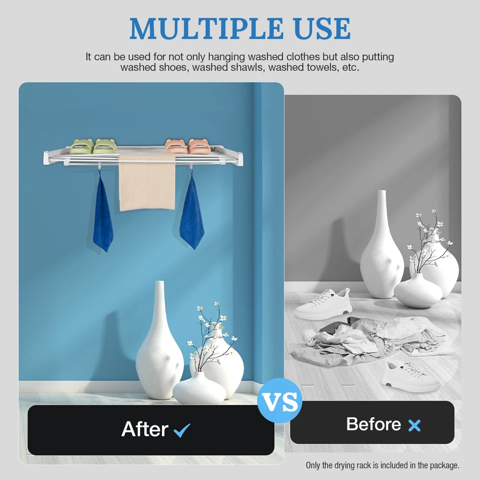 Wall-mounted Laundry Clothes Storage Drying Rack Retractable Dryer Hanger White - Image 3 of 4