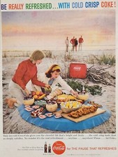 1959 Print Ad Coca-Cola Soda Pop Picnic Lunch on Beach, Vintage Cooler of Coke