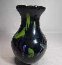 Black Glass Studio Art Vase Murano Style Thick Heavy 10" Tall 6" Wide Handmade