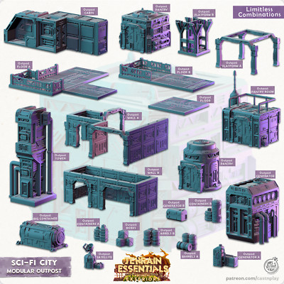 3D Printed Cast n Play Modular Outposts Sci-Fi City Set Terrain Essentials Vol