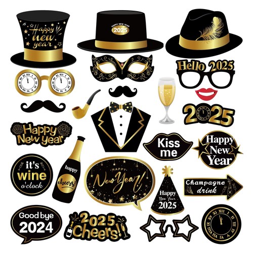 25 Pcs New Year Photo Booth Props 2025 Happy New Year Birthday Party Photo Pr...