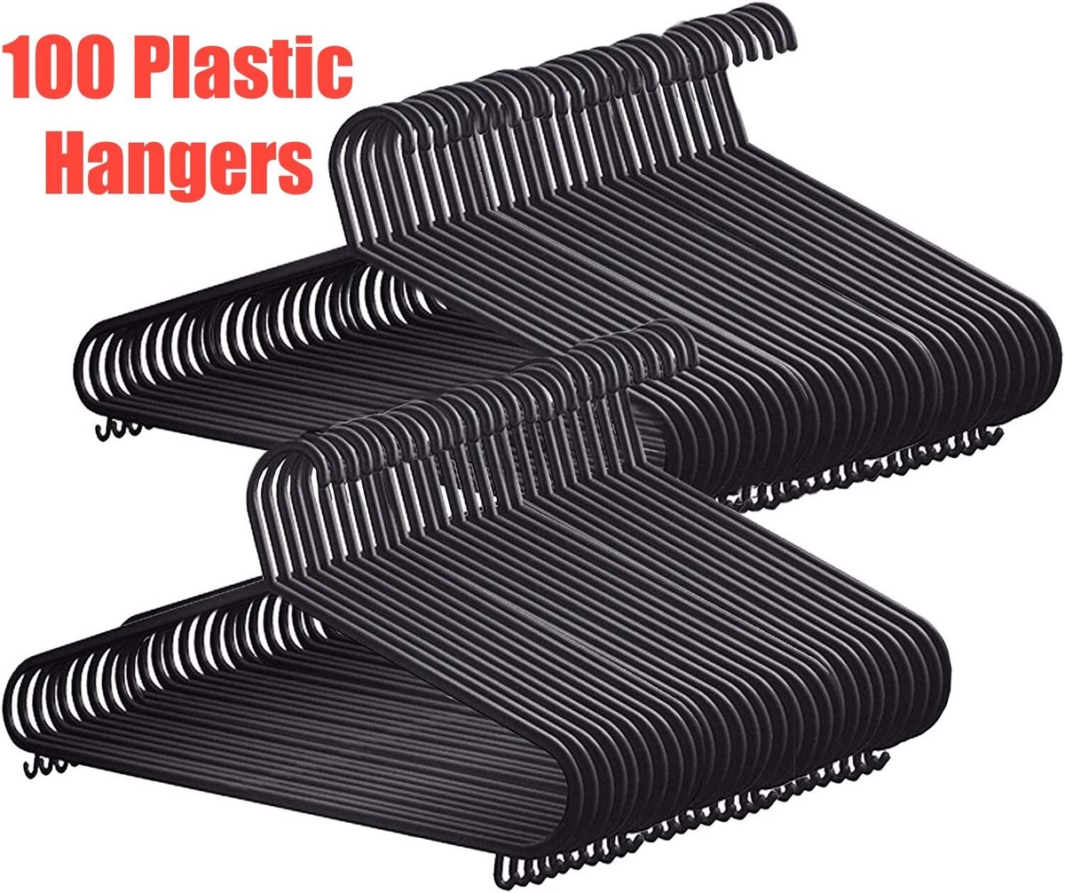 100 BLACK ADULT CLOTHES PLASTIC HANGERS COAT TROUSERS/HANGERS W