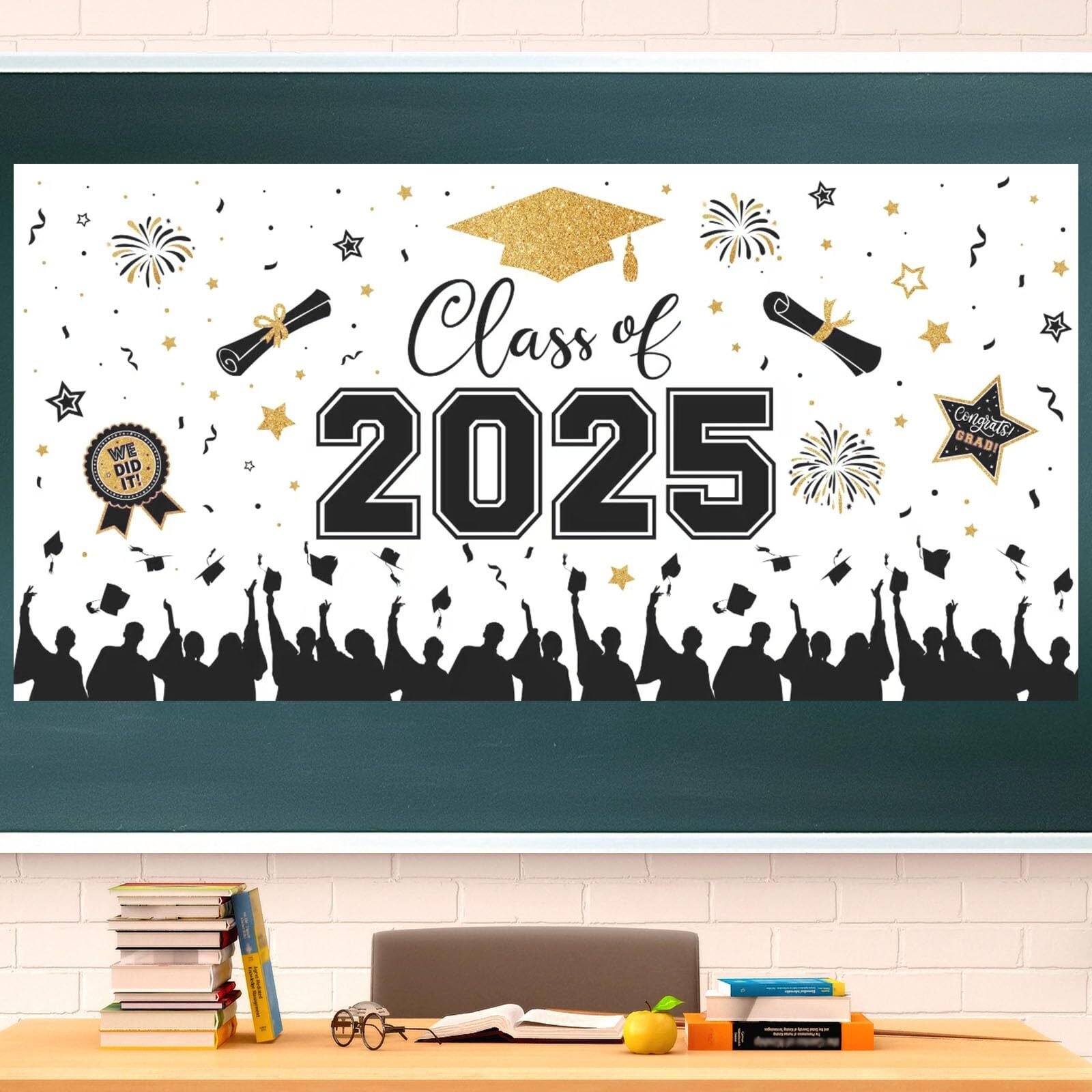 2025 Black Gold Graduation Backdrop Banner - Congrats Grad Decor