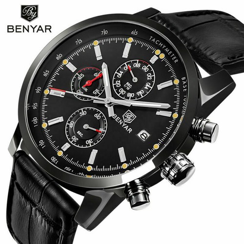 BENYAR Men's Business Quartz Wrist Watch Date Chronograph Dial Leather Watches - Picture 3 of 16