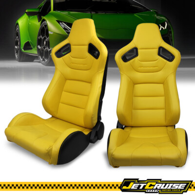 #ad #ad Universal Pair Reclinable Racing Seat Dual Slider PU amp; Carbon Leather Yellow $319.99