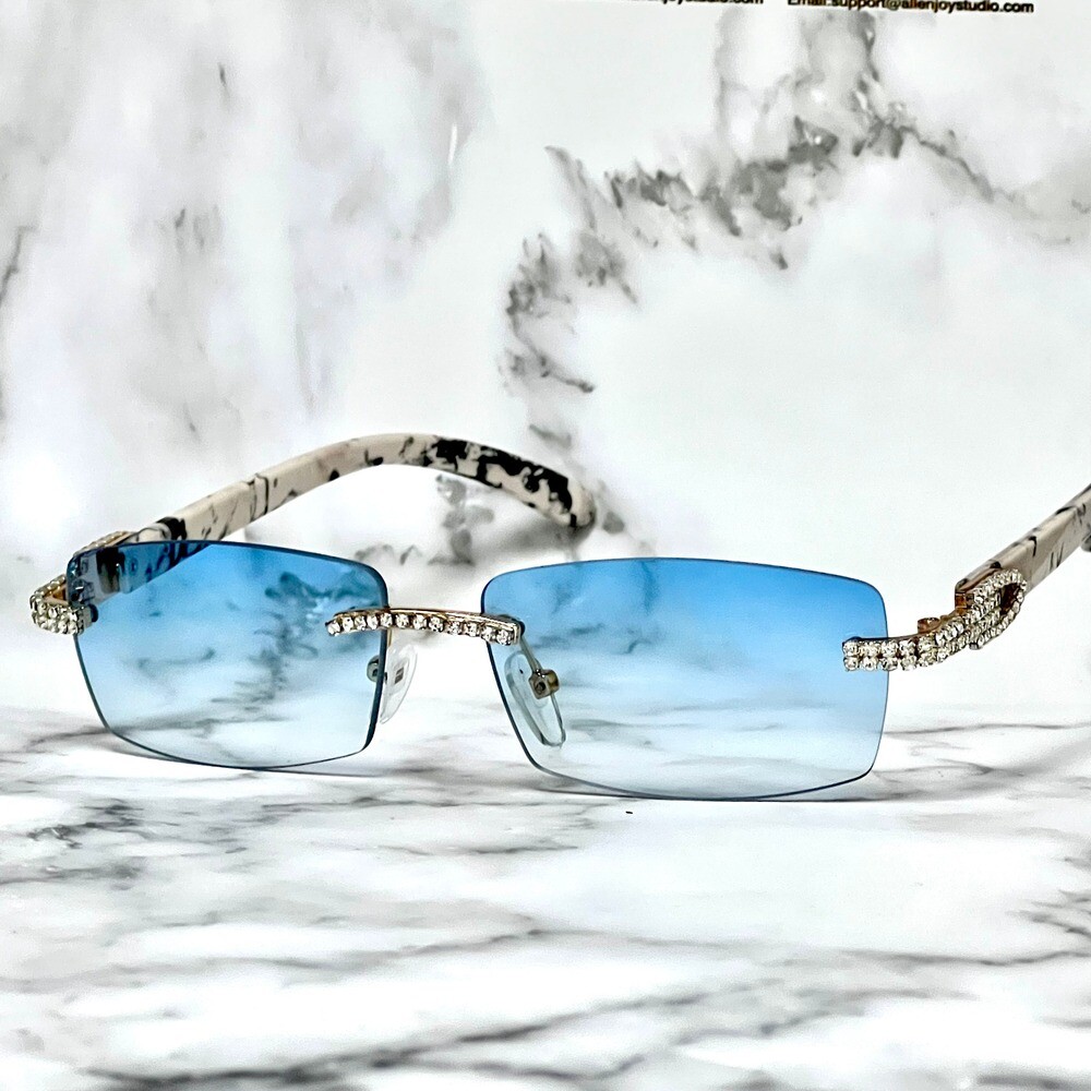 90s Rapper Blue Lens Rhinestone Stud Rimless Rectangle Sunglasses for Men-image