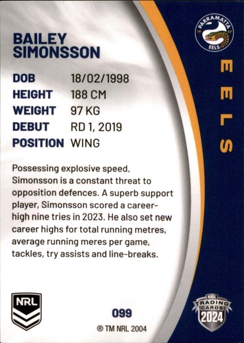 2024 Parramatta Eels NRL TLA Elite Card - Bailey Simonsson - Picture 2 of 3