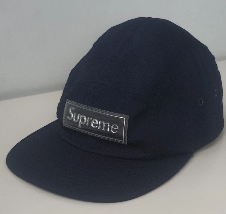 Casquette de camp piquée nylon suprême SS19 logo boîte chapeau bleu marine