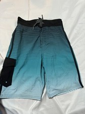 First Wave Boy's Turquoise Plaid Swim Trunks size 8 With Mesh Lining