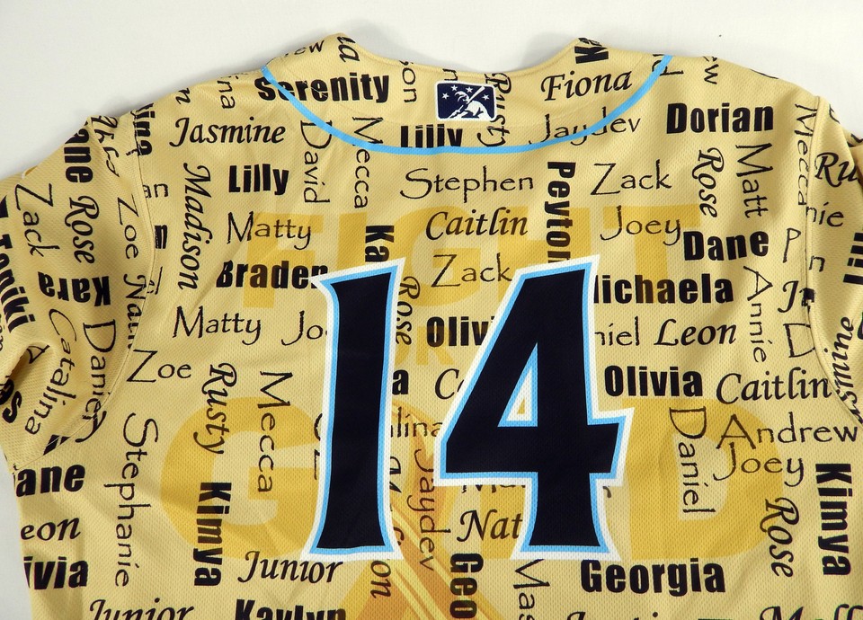 Wilmington Blue Rocks 14 Game Used Gold Jersey Childhood Cancer
