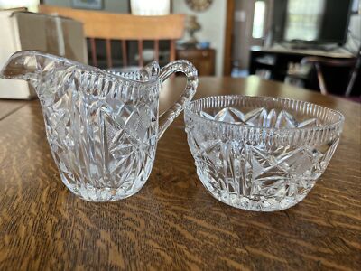 Vintage Cut Glass Clear Crystal Creamer & Sugar Bowl Set