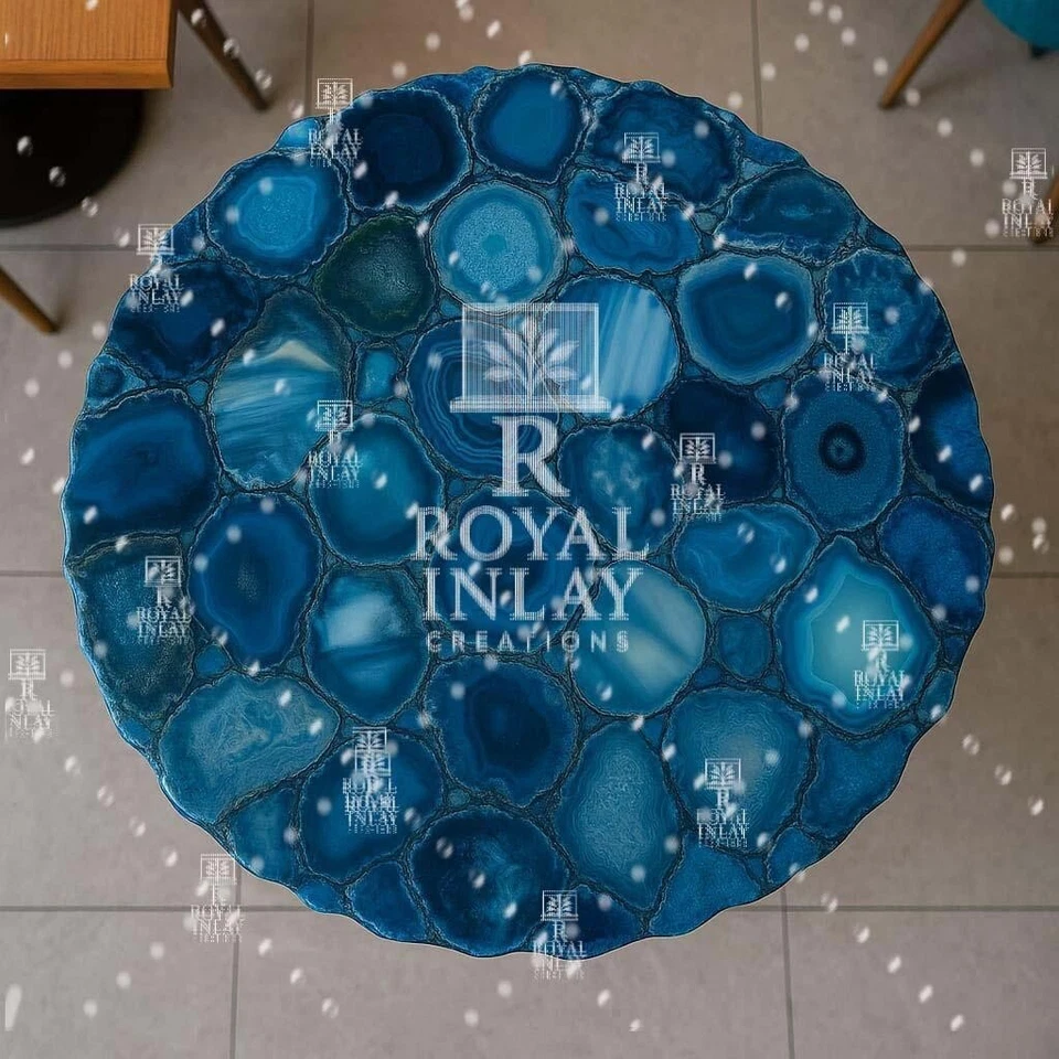 Round Blue Agate Stone Dining Table | Natural Crystal Slice Top | centre Table - Image 3 of 4