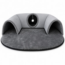 2-in-1 Cat Tunnel Bed Plush Washable Hideaway Cave Mat with Pom-Pom Toy