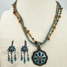 Boho Turquoise Enamel Floral Pendant Multi Strand Beaded Necklace Earring Set