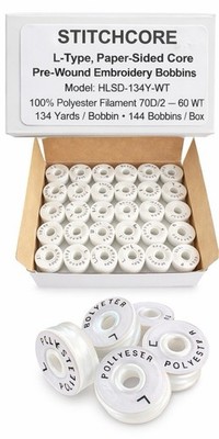 STITCHCORE L-Type Paper-Sided Core Polyester Embroidery Bobbins 134 Yards 144 P 
