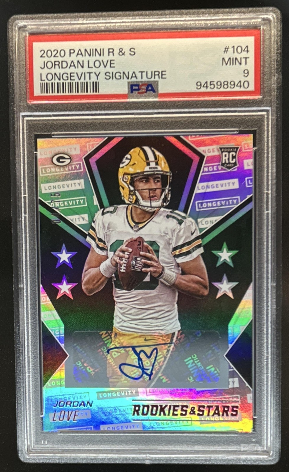 2020 Panini Rookies & Stars Jordan Love Longevity Signatures RC Auto #/75 PSA 9 view 1