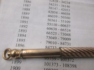 1895 D.R.P. No. 79386 : Drehstift : goldfarben - 90 bis 125 mm + Öse
