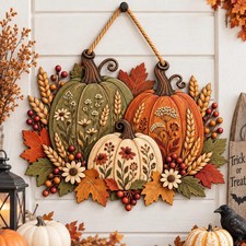 Fall Pumpkin Door Hanger Wooden Autumn Wreath Decor Thanksgiving Porch Sign