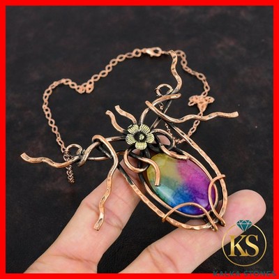 Natural Rainbow Solar Quartz Druzy Copper Wire Wrapped Flower New Chain Necklace
