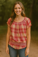 BANDO LIND Women’s M Plaid Peasant Blouse Pearl Button Cottagecore Boho Top