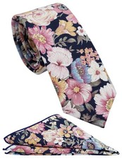 Cotton Skinny Floral Tie and Pocket Square Set for Men, Navy