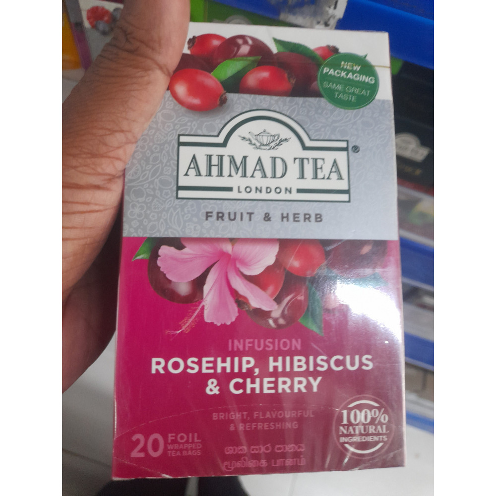 Ahmad Tea Rosehip Hibiscus Cherry Herbal Tea 20 Bags|Caffeine Free Natural Fruit